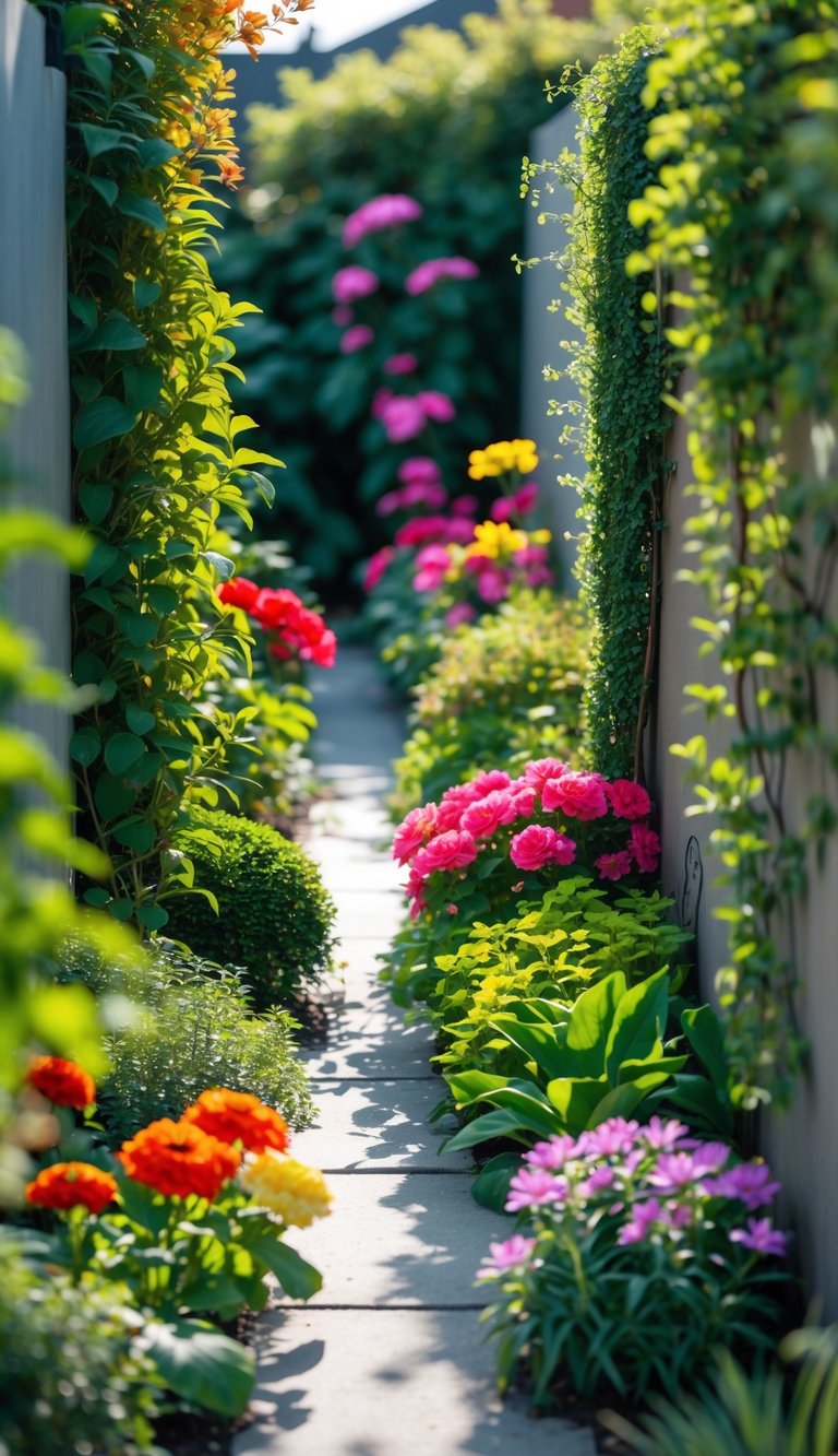 A narrow garden filled with green leafy plants and colorful blooming flowers along a slim pathway.